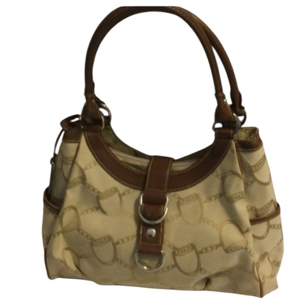 Chaps Signature Fabric Leather Trim Stylish Cream and Brown Handbag